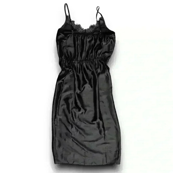 Black Satin Lace Trim Dress Ruched Slit Maxi Size 6 Miss Selfridge Casual Formal - Picture 5 of 8